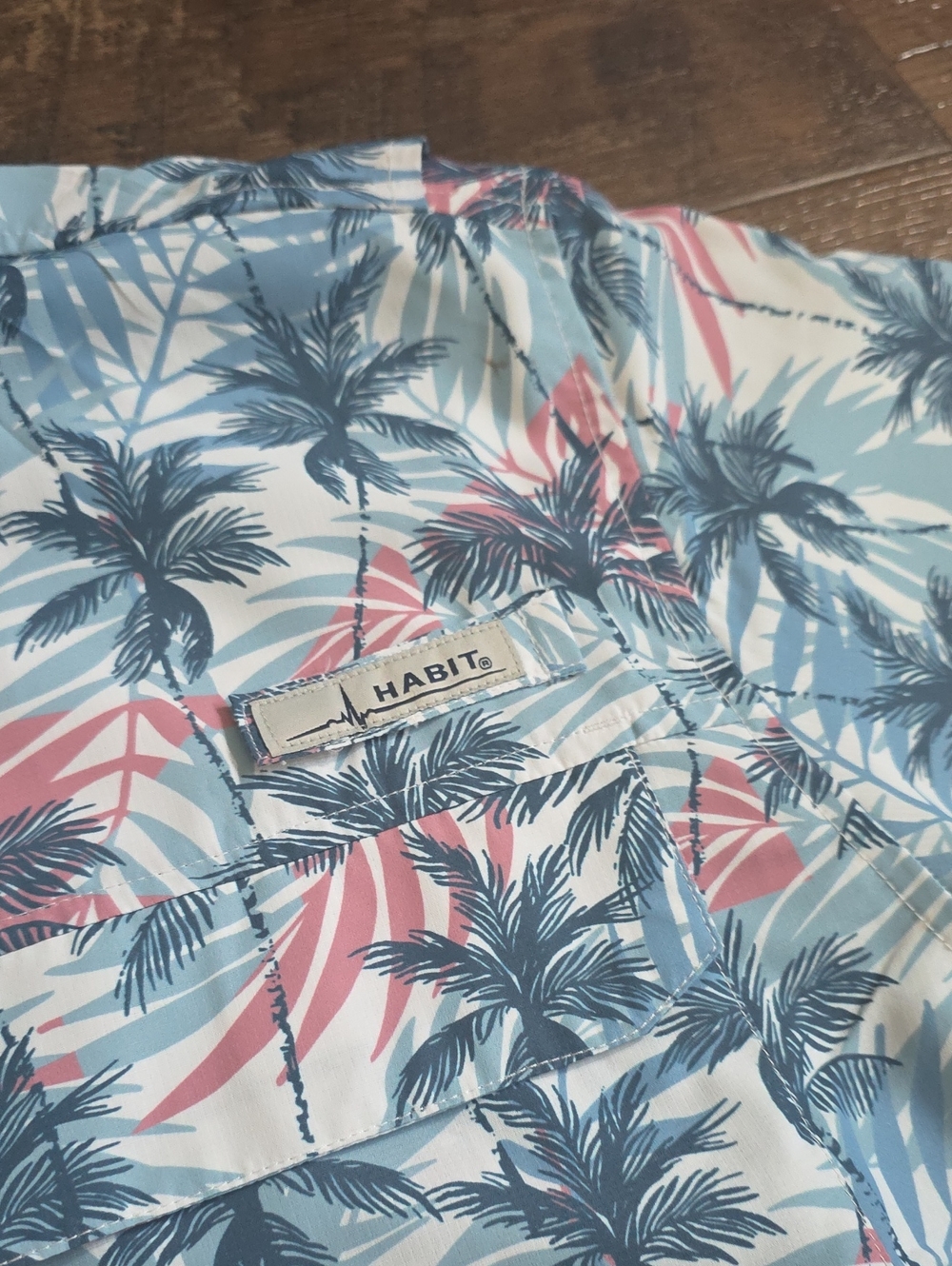 HABIT• Blue Tropical Palm Print Short Sleeve, Button Up Shirt - Picture 5 of 9